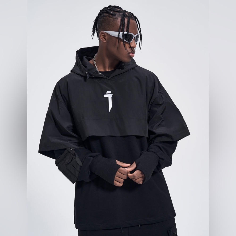 ❄️ NIEPCE HIH18 I-Tech Layered Hoodie Black Windbreaker Size XL Streetwear